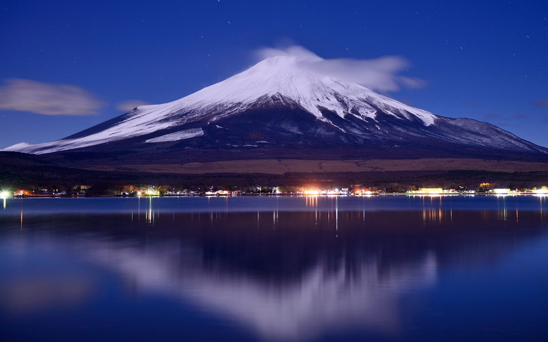 Lights, mount, Night, Japan, Fuji, Lake, 1080P, Clouds