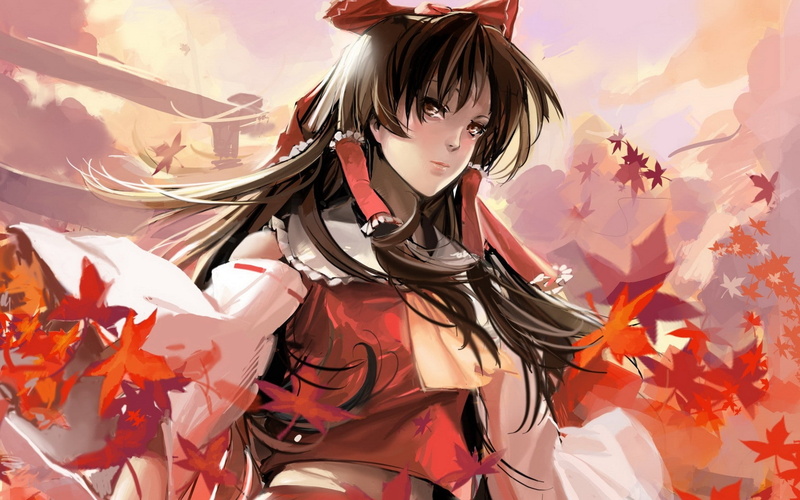 red, autumn, reimu, bows, leaves, Touhou, dress, sky, art, long, 1080P, miko, hair, brown, eyes, maple, brunettes, leaf, hd, nature, hakurei