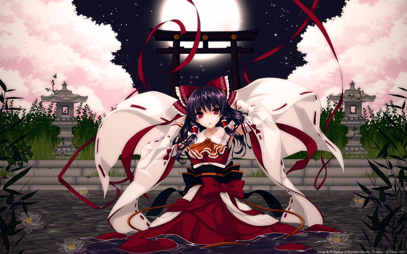 moons, cherry blossoms, moon, detache, space, vector, hakurei, cherry, torii, 2K, reimu, blossoms, kurehito, hd, japanese, Touhou, clothes, art, miko