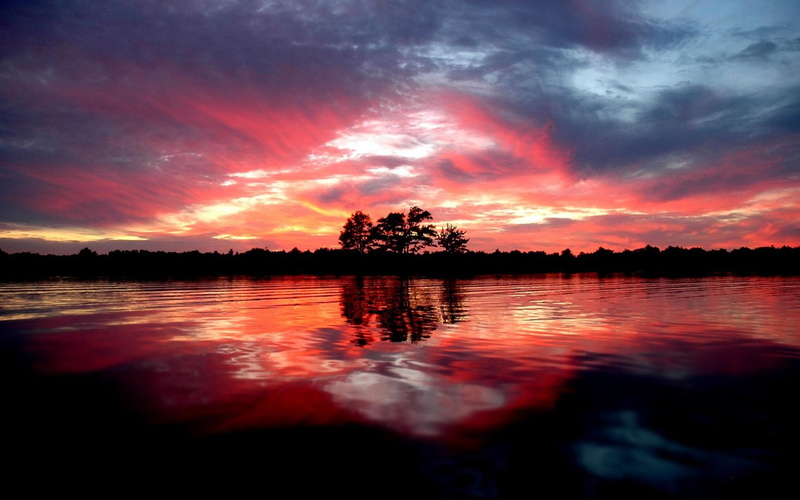 sunset, purple sky, landscape, skyscape, 720P, dusk, reflection, trees