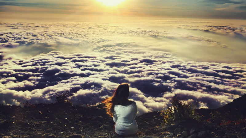 standing, rear view, warm clothing, one person, scenics - nature, real people, leisure activity, filter, 1080P, sunlight, sky, looking at view, landscape