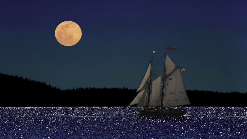 ocean, night, boat, 1080P, sail, hd, moon, nature