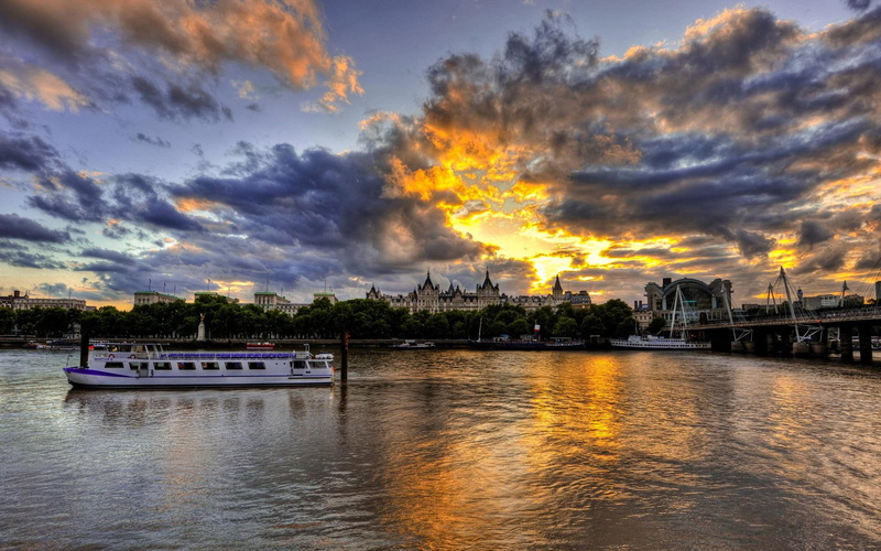 river, city, cruise, bridge, 1080P, boat, sunset, nature and landscapes, clouds, beautiful