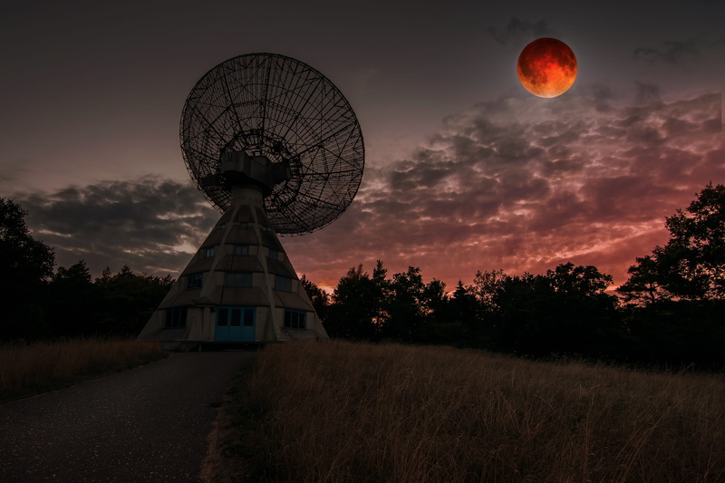 field, satellite dish, plant, cloud - sky, night, 5K, technology, no people, tree, moon, space, environment, global communications, land, sky, architecture