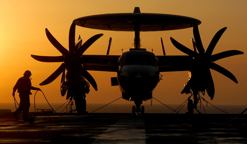 aircraft carrier, travel, radar rotodome, dusk, mode of transportation, sailor, indoors, 1080P, e-2 hawkeye, air Vehicle, standing, flying, twin engine