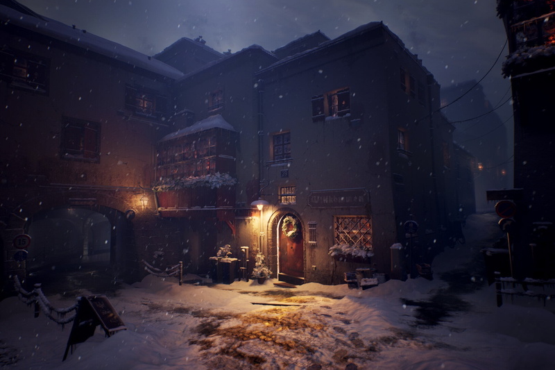 building, snow, 1080P, fantastic realism, path, dark, town, snowing, snow flakes, city, winter, light bulb, snow covered, house, Christmas, 2D, village