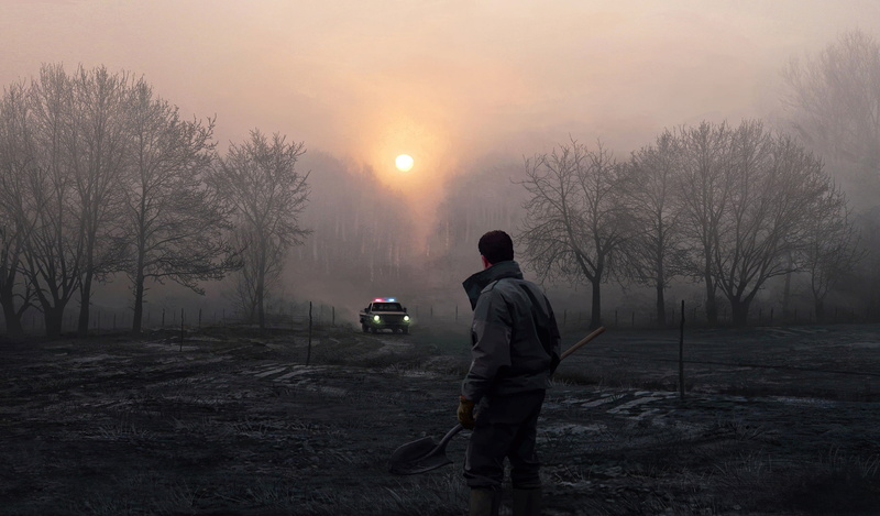mist, Sun, landscape, shovels, wet, artwork, Headlights, nature, fantastic realism, winter, mud, police, 4K, field, overcast