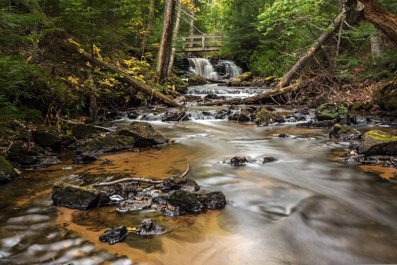 river, stones, bridge, Chapel Falls, waterfall, forest, Michigan, 1080P, Alger County