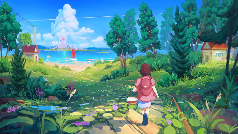 countryside, painting, walking, child, lake, 1080P, art, lakeshore