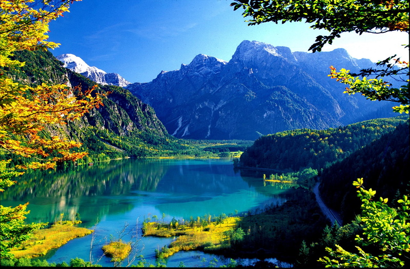 1080P, slope, cliffs, clear, blue, almsee, mirrored, shore, view, branches, hills, trees, lake, calm, crystal, lakeshore