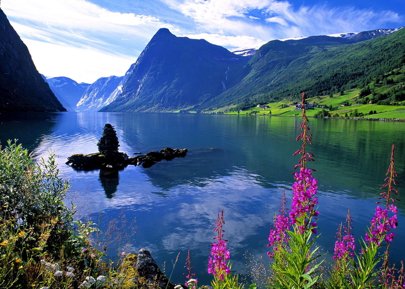 river, lakeshore, mountain, beautiful, calm, refle, 1080P, blue, flowers, shore, grass, lake, covered, mirrored, clouds, water, rocks
