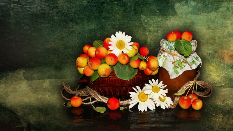 delicate, beautiful, chamomile, jam, wildflowers, wedding, bride, nature, vase, basket, kitaika, nice, 1080P, elegantly, cool, apples, authors photo by Elena Anikina