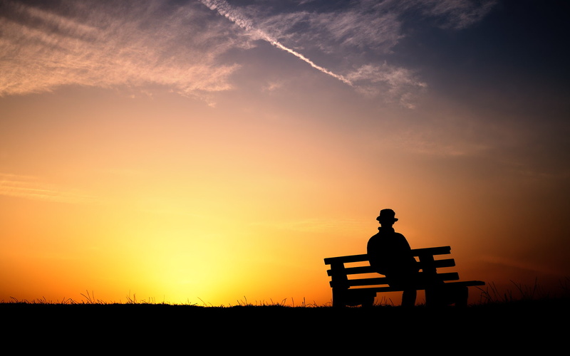 nature, silhouette, pleasant, man, hd, 1080P, bench, sunset, sitting, landscape