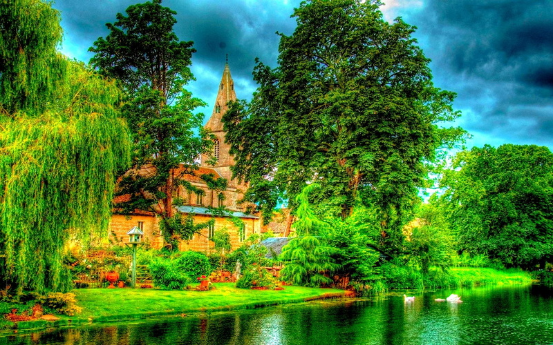 nature and landscapes, swans, trees, 1080P, landscape, garden, castle, lake, view, pond, pleasant