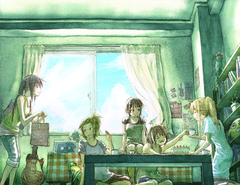 human representation, Kotobuki Tsumugi, day, 720P, architecture, K-ON!, glass - material, Akiyama Mio, male likeness, no people, low angle view, Tainaka Ritsu