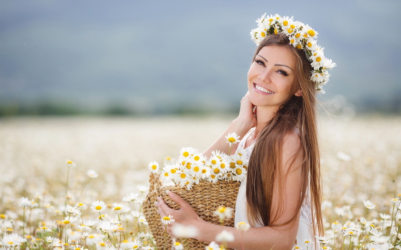 Daisies, 2K, Hair, Brown, Flowers, Girl, Basket