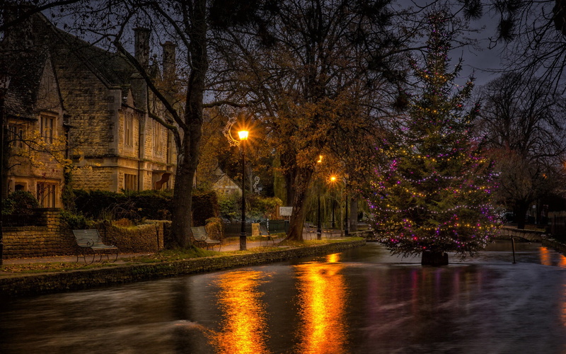Christmas, 1080P, River, New, Lights, Houses, Year, Trees