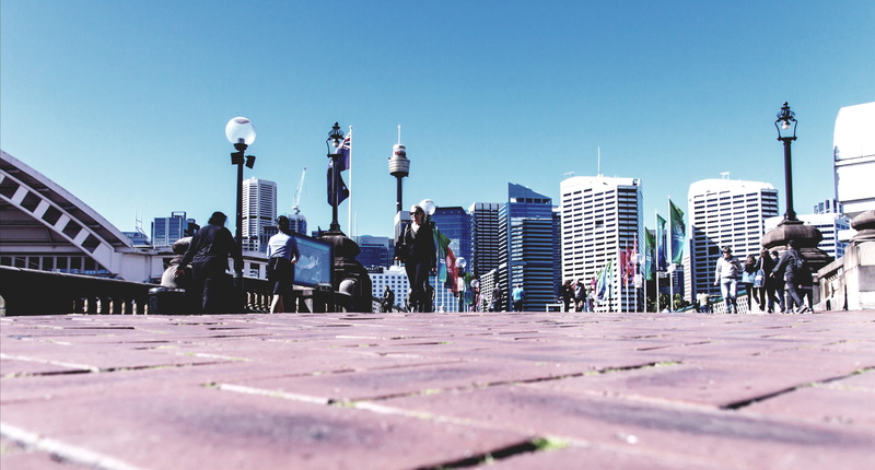 skyscraper, landscape, people, clear sky, sky, building, downtown, urban skyline, urban, financial district, australia, overpass, outdoors, concrete, convention center