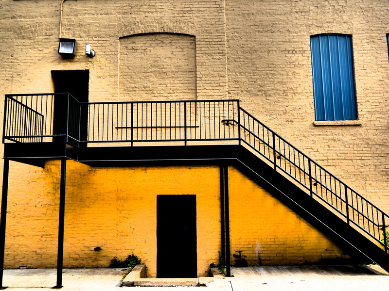 no people, walkway, closed, path, home decor, 4K, metal, yellow, usa, architecture, prison, door, brick wall, curtain, steps and staircases, wall, banister