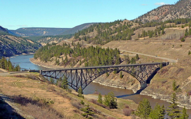 outdoors, mountain range, columbia, bridge, mountain, fraser river, tree, bridge - man made structure, landscape, sky, architecture, british, water, no people