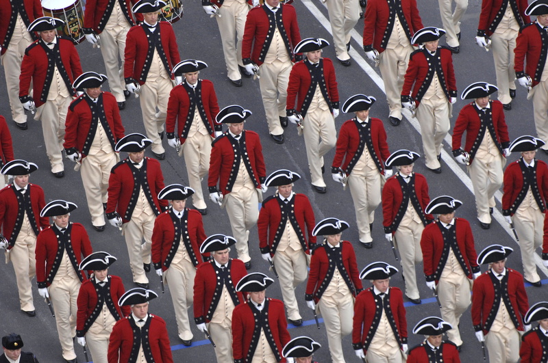 armed forces, uniforms, marchers, group, drum, army, red, high angle view, day, walking, corps, historic, soldiers, uniform, crowd, old guard, war, parade