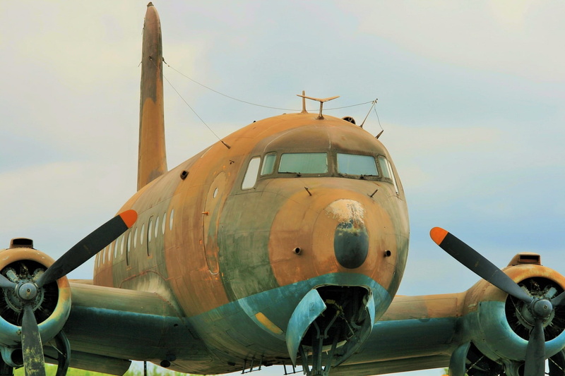 aircraft, conflict, airplane, dc-4, outdoors, military, fixed wing, metal, air vehicle, engine, day, sky, close-up, cannon, transportation, weapon, nature