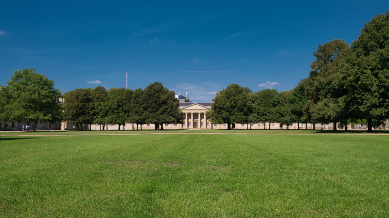 downing college, lawn, field, no people, land, summer, architecture, day, nature, history, architectural column, plant, building exterior, sky, growth