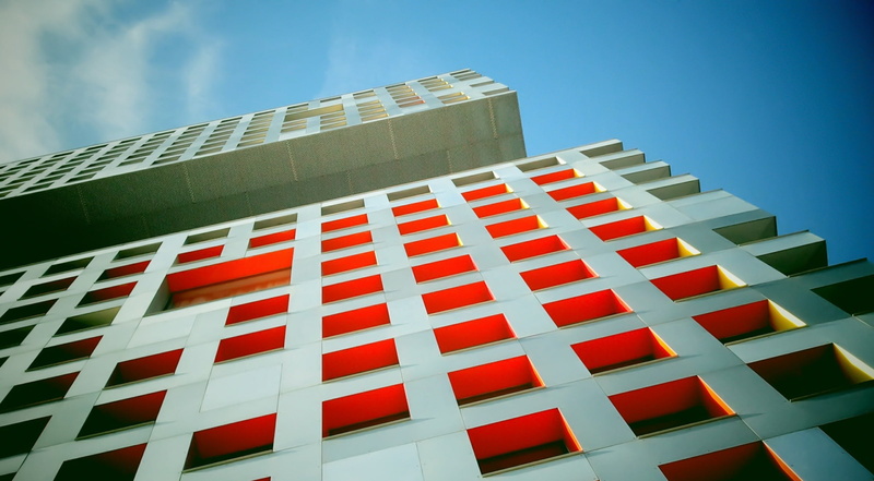 building, building exterior, residential district, Beantown, day, concrete, apartment, red, sky, 1080P, window, white, skyscraper, modern, city, low angle view