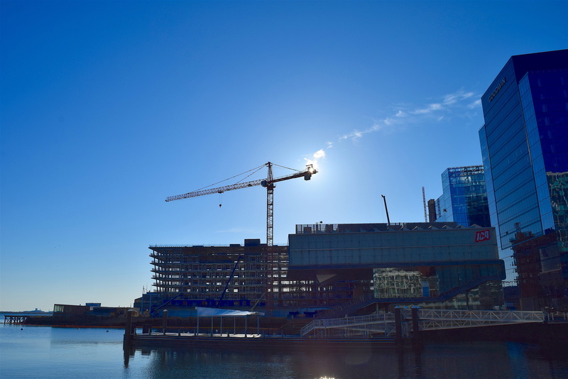 daytime, sky, water, nature, river, construction equipment, urban, development, building, machinery, skyscraper, industry, harbor, waterfront, built structure