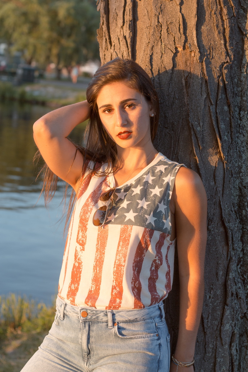 lifestyles, boston, model, leisure activity, fourth of july, looking at camera, one person, stripes, portrait, stars, real people, off shoulder, beautiful woman