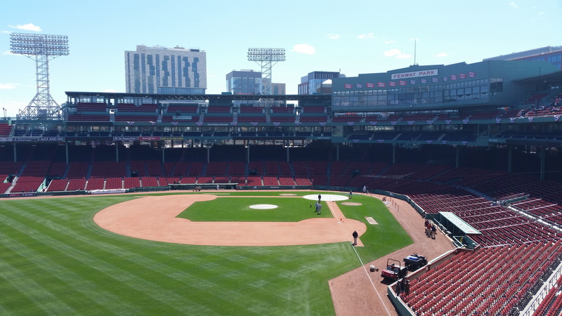 office building exterior, playing field, building exterior, no people, baseball diamond, built structure, fenway park, day, green monster seats, sport