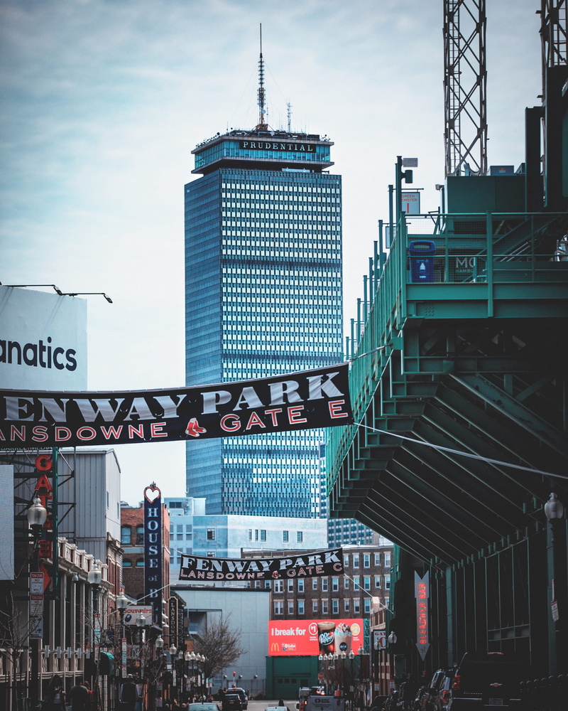 building exterior, modern, prudential, tower, skyscraper, building, sign, pedestrian, fenwaypark, baseball, billboard, high rise, park, text, sinage, 2K