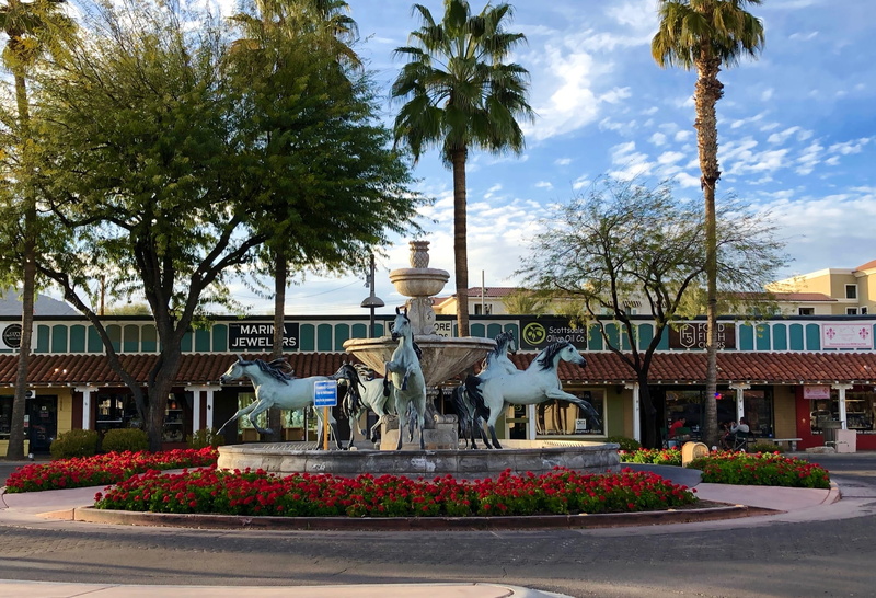 city, built structure, building, scottsdale, flowering plant, art and craft, plant, day, tree, horses, building exterior, flower, growth, sculpture, luxury