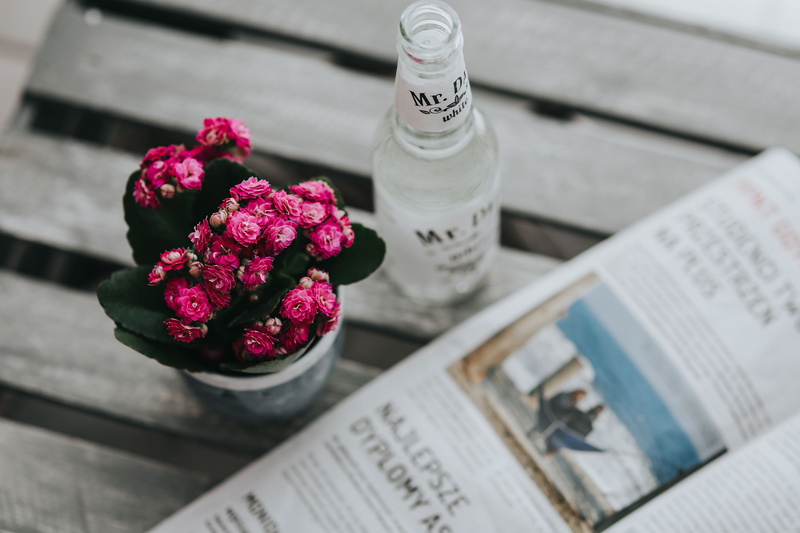 flowers, beauty in nature, high angle view, communication, table, vase, cute, focus on foreground, publication, plant, day, close-up, newspaper, drink