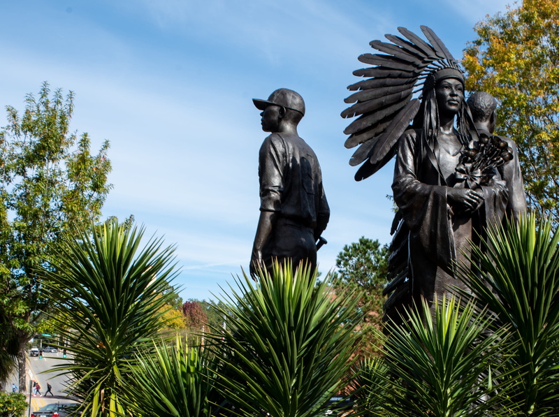 2K, florida state campus, low angle view, male likeness, sky, growth, fsu, travel, day, representation, life-size bronze sculpture, no people, human representation