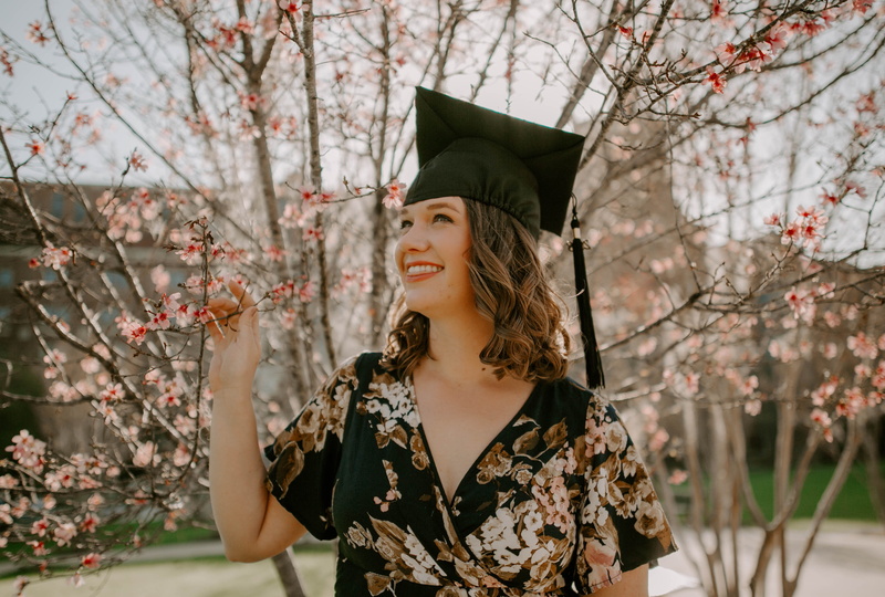 waist up, graduation, leaved, cherry tree, woman, plant, standing, hair, front, women, young adult, cherry blossom, adult, tree, fsu, one person, pink