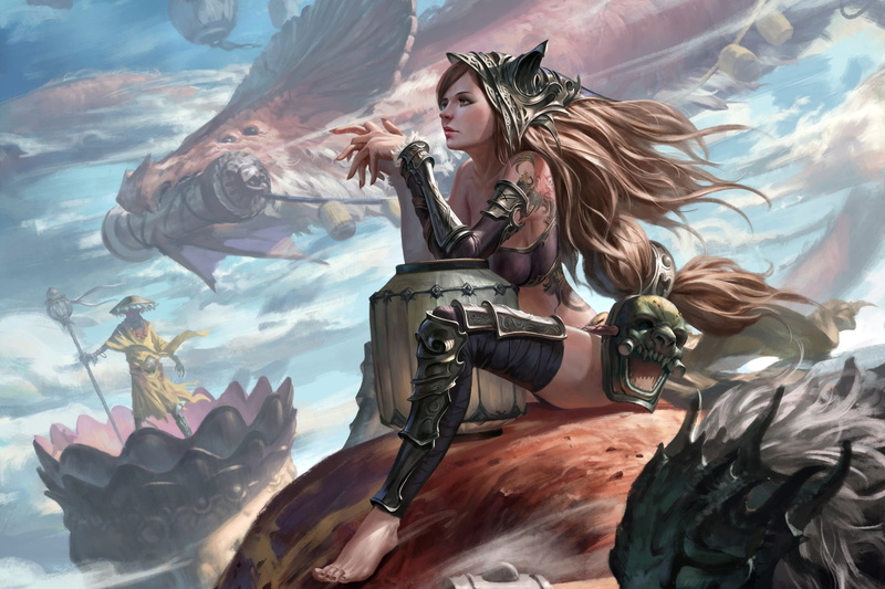 digital art, mask, artwork, painting, fantasy, armor, long hair, fantasy art, 1080P, girl, Warrior, dragon, tattoo, pearls