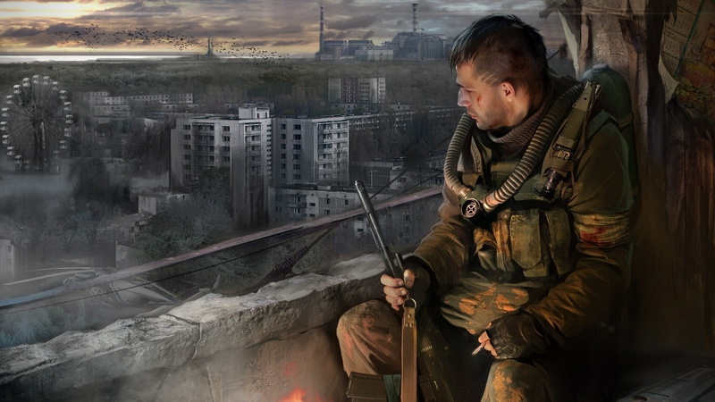 STALKER: Call of Pripyat, men, building, architecture, building exterior, looking, holding, standing, city, military, weapon, young men, clothing, adult