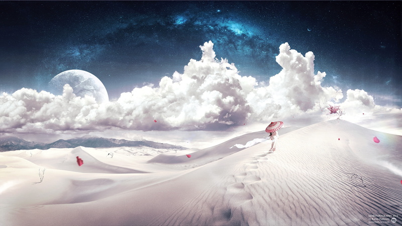 2K, mountain, 3d and abstract, fugit, tempus, clouds, art, moon, colored