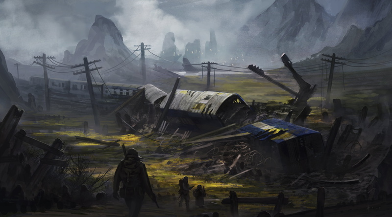 transportation, group of people, ruined, train, crash, ship, water, accidents and disasters, blue, architecture, demolished, built structure, fog, digital composite