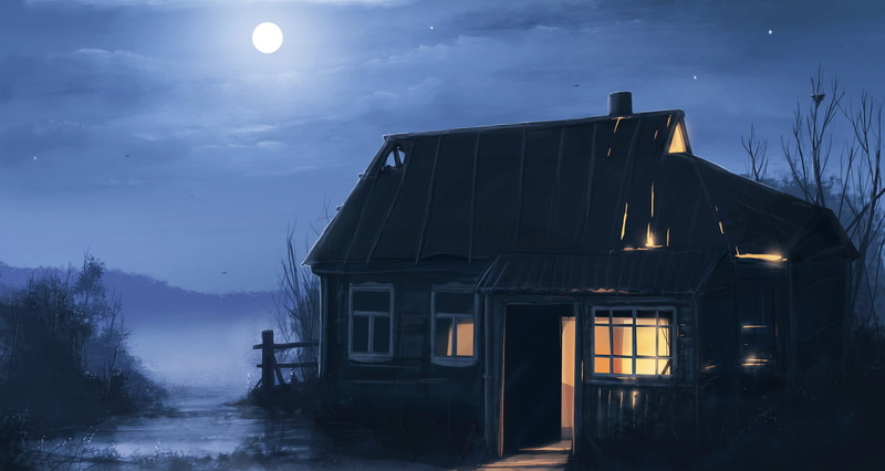 tree, the moon, night, art, house, 2K, pustosh