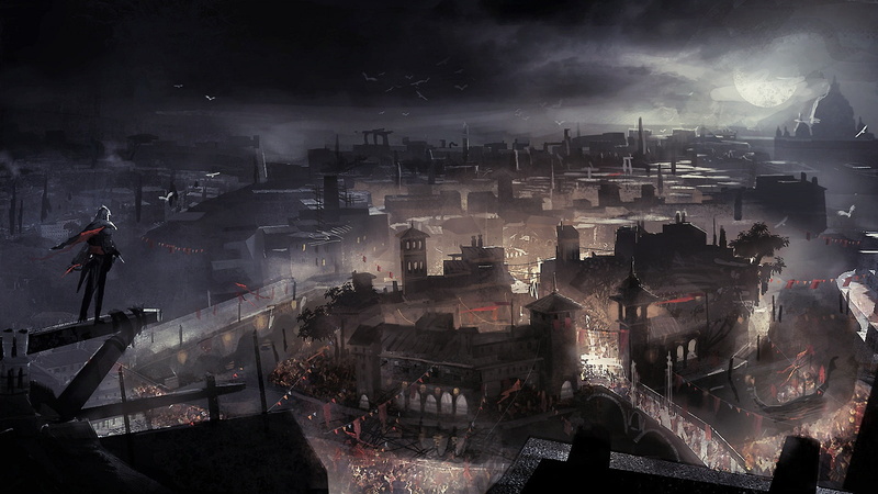 drawing, assassin, creed, buildings, 720P, hd, video games, s, city, night