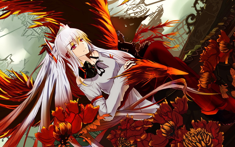 masks, mokou, Touhou, hair, art, 2K, red, eyes, hd, games, video, phoenix, nature, Video Games, flowers, long, gas, fujiwara, white, bow