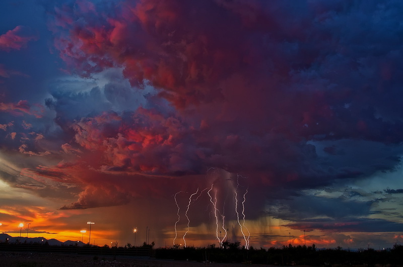 orange, storm, 1080P, blue, clouds, Arizona, red, Night, Lightning, sky