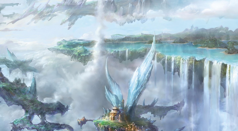 3d and abstract, clouds, fantasy, waterfalls, land, 2K, lake, city