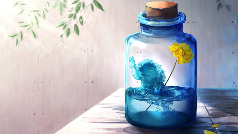 bottle, morphling dota 2 defense of the ancients dota steam software bottles, indoors, blue, water, drinking glass, multi colored, glass - material, container