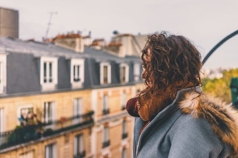 scarf, portrait, rooftop, coat, warm clothing, one woman only, woman, building exterior, women, only women, day, lady, one Person, 5K, casual clothing