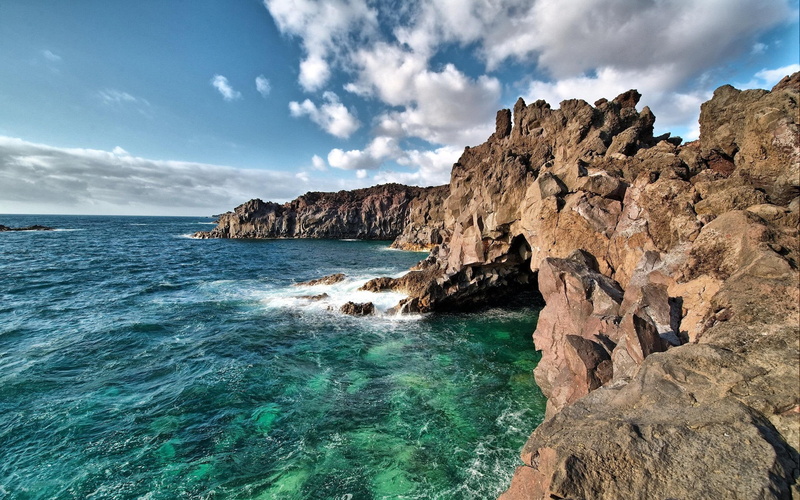 2K, water, hervideros, nature and landscapes, beautiful, spain, clouds, ocean, rocks, los, nature