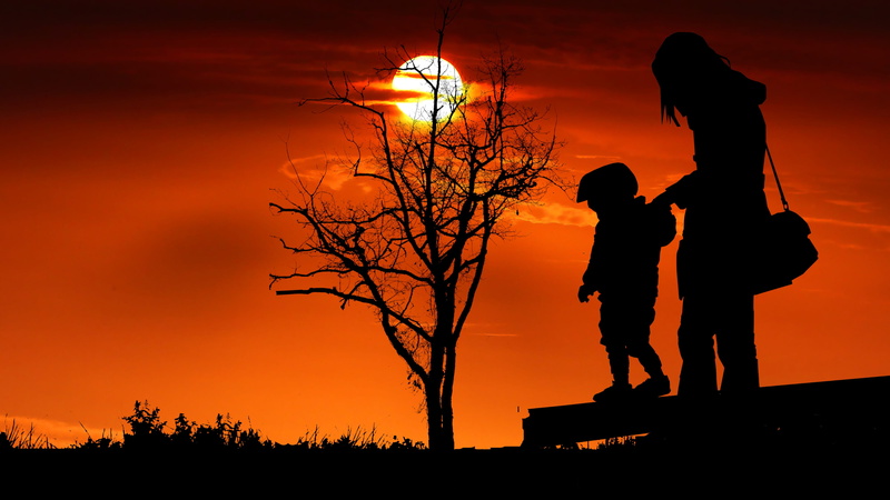 silhouette, nature, emotion, night, bare tree, orange color, game, outdoors, scenics - nature, standing, family, people, mother, sunset, architecture, 4K