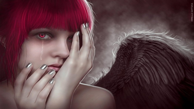 1920x1080, hands, 1080P, angel, crying, arts, sadness, girl, face, wings, fantasy, woman, art, tears, redhair